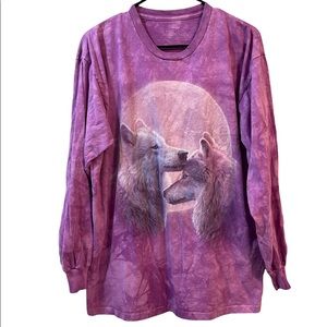 The Mountain Moon Wolf purple graphic tie dye long sleeve cotton shirt
